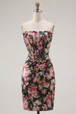 Zwarte roze bloem strapless gerimpelde strakke korte korset Homecoming jurk