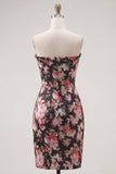 Zwarte roze bloem strapless gerimpelde strakke korte korset Homecoming jurk