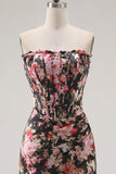 Zwarte roze bloem strapless gerimpelde strakke korte korset Homecoming jurk