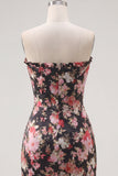 Zwarte roze bloem strapless gerimpelde strakke korte korset Homecoming jurk