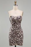 Koffie strapless gerimpeld strak luipaardprint korte homecomingjurk