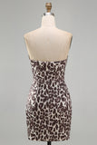 Koffie strapless gerimpeld strak luipaardprint korte homecomingjurk