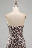 Koffie strapless gerimpeld strak luipaardprint korte homecomingjurk