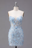 Bloemen glinsterende blauwe korset Strakke Korte Strapless Homecoming Jurk met kralen