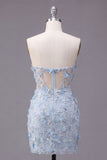 Bloemen glinsterende blauwe korset Strakke Korte Strapless Homecoming Jurk met kralen