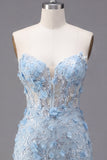 Bloemen glinsterende blauwe korset Strakke Korte Strapless Homecoming Jurk met kralen