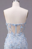 Bloemen glinsterende blauwe korset Strakke Korte Strapless Homecoming Jurk met kralen