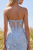 Bloemen glinsterende blauwe korset Strakke Korte Strapless Homecoming Jurk met kralen