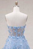 Sprankelende blauwe A-lijn bloemenkorset korte strapless homecomingjurk met kralen