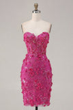 Sprankelende Fuchsia bloemen Sweetheart Strakke Korte Korset Homecoming Jurk met kralen