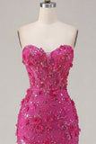 Sprankelende Fuchsia bloemen Sweetheart Strakke Korte Korset Homecoming Jurk met kralen