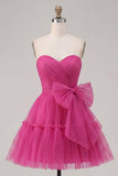 Fuchsia A Line Sweetheart Gerimpelde Korte Homecoming Jurk met strik