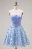 Glinsterende blauwe A-lijn strapless bloemenbloemen korte korset Homecoming jurk