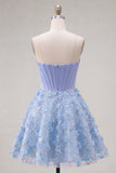 Glinsterende blauwe A-lijn strapless bloemenbloemen korte korset Homecoming jurk