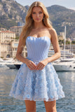 Glinsterende blauwe A-lijn strapless bloemenbloemen korte korset Homecoming jurk