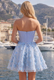 Glinsterende blauwe A-lijn strapless bloemenbloemen korte korset Homecoming jurk