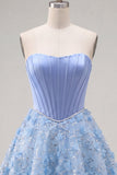 Glinsterende blauwe A-lijn strapless bloemenbloemen korte korset Homecoming jurk