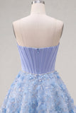 Glinsterende blauwe A-lijn strapless bloemenbloemen korte korset Homecoming jurk