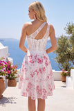 Witte Fuchsia Bloem A Line Keyhole Korte Korset Homecoming Jurk met ruches