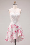 Witte Fuchsia Bloem A Line Keyhole Korte Korset Homecoming Jurk met ruches