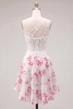 Witte Fuchsia Bloem A Line Keyhole Korte Korset Homecoming Jurk met ruches
