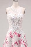 Witte Fuchsia Bloem A Line Keyhole Korte Korset Homecoming Jurk met ruches