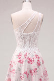 Witte Fuchsia Bloem A Line Keyhole Korte Korset Homecoming Jurk met ruches
