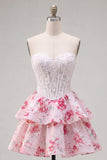 Witte Fuchsia Bloem Strapless A-lijn Korset Korte Homecoming Jurk met ruches