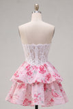 Witte Fuchsia Bloem Strapless A-lijn Korset Korte Homecoming Jurk met ruches