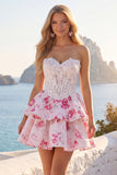 Witte Fuchsia Bloem Strapless A-lijn Korset Korte Homecoming Jurk met ruches
