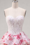 Witte Fuchsia Bloem Strapless A-lijn Korset Korte Homecoming Jurk met ruches