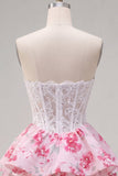 Witte Fuchsia Bloem Strapless A-lijn Korset Korte Homecoming Jurk met ruches