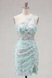 Mint eenschouderkorset met bloemen bodycon geappliqueerde homecomingjurk met split