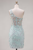 Mint eenschouderkorset met bloemen bodycon geappliqueerde homecomingjurk met split