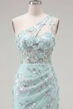 Mint eenschouderkorset met bloemen bodycon geappliqueerde homecomingjurk met split