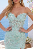 Mint bloemen off-the-shoulder korset bodycon homecoming jurk met split