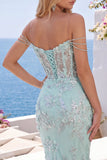 Mint bloemen off-the-shoulder korset bodycon homecoming jurk met split