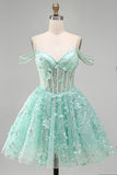 A-Line mint koude schouder bloemenkorset met kralen Homecoming Dress
