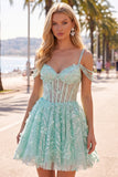 A-Line mint koude schouder bloemenkorset met kralen Homecoming Dress