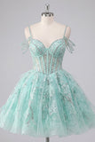 A-Line mint koude schouder bloemenkorset met kralen Homecoming Dress