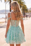 A-Line mint koude schouder bloemenkorset met kralen Homecoming Dress