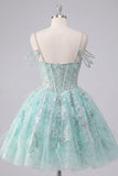 A-Line mint koude schouder bloemenkorset met kralen Homecoming Dress