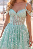 A-Line mint koude schouder bloemenkorset met kralen Homecoming Dress