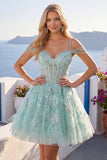 A-Line mint koude schouder bloemenkorset met kralen Homecoming Dress