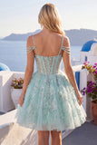 A-Line mint koude schouder bloemenkorset met kralen Homecoming Dress