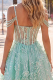 A-Line mint koude schouder bloemenkorset met kralen Homecoming Dress