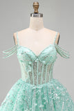 A-Line mint koude schouder bloemenkorset met kralen Homecoming Dress