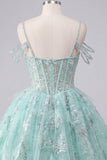 A-Line mint koude schouder bloemenkorset met kralen Homecoming Dress