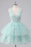 A-lijn mint V-hals tule met bloemen geappliqueerde homecoming jurk