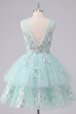 A-lijn mint V-hals tule met bloemen geappliqueerde homecoming jurk